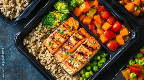 Healthy meal prep featuring grilled salmon fillets, brown rice, broccoli, and colorful vegetables, perfect for balanced and nutritious meals. photo