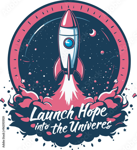 A rocket blasting off into the starry cosmos with the motivational text "Launch Hope into the Universe."