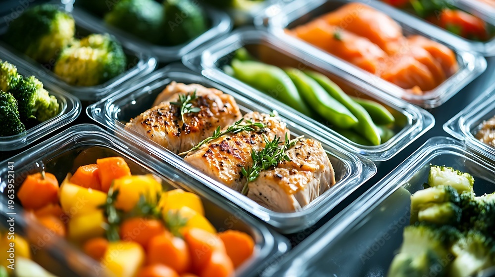 Healthy meal prep containers featuring grilled chicken, roasted vegetables, broccoli, and snap peas, providing balanced, nutritious meals for the week. Healthy meal prep containers featuring grilled chicken, roasted vegetables, broccoli, and snap peas, providing balanced, nutritious meals for the week.
