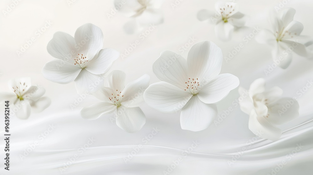 Soft white flowers floating on a dynamic white background, providing a serene and elegant floral background for design and decoration purposes Soft white flowers floating on a dynamic white background, providing a serene and elegant floral background for design and decoration purposes