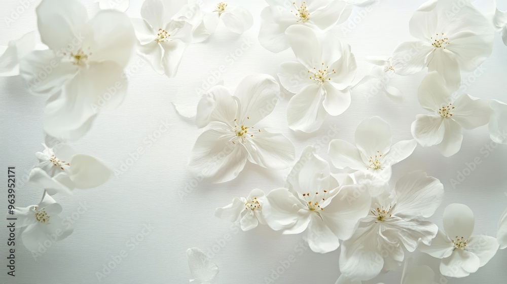 Obraz premium Soft white flowers floating on a dynamic white background, providing a serene and elegant floral background for design and decoration purposes
