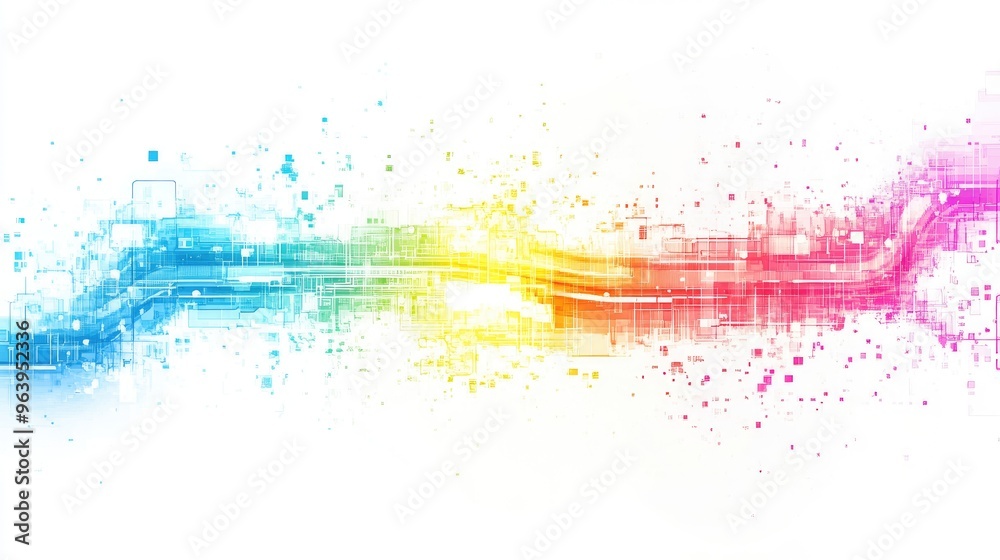 Obraz premium Vibrant rainbow-colored abstract technology vector with intricate digital patterns, set on a white background for a modern tech feel