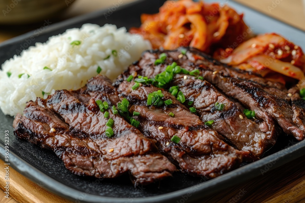 Thin slices of Korean BBQ beef, grilled and served with kimchi and rice Thin slices of Korean BBQ beef, grilled and served with kimchi and rice