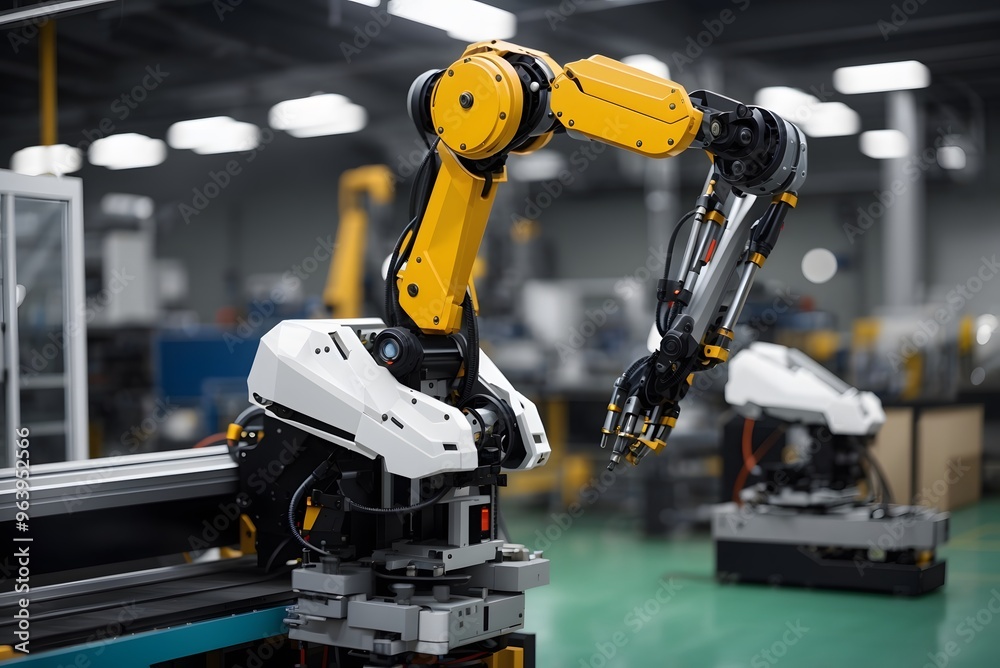 Robot Arms on Automated EV Battery Components Production Line. Electric Car Battery Pack Manufacturing Process. Conveyor Belt on a Modern Factory. Robot Arms on Automated EV Battery Components Production Line. Electric Car Battery Pack Manufacturing Process. Conveyor Belt on a Modern Factory.