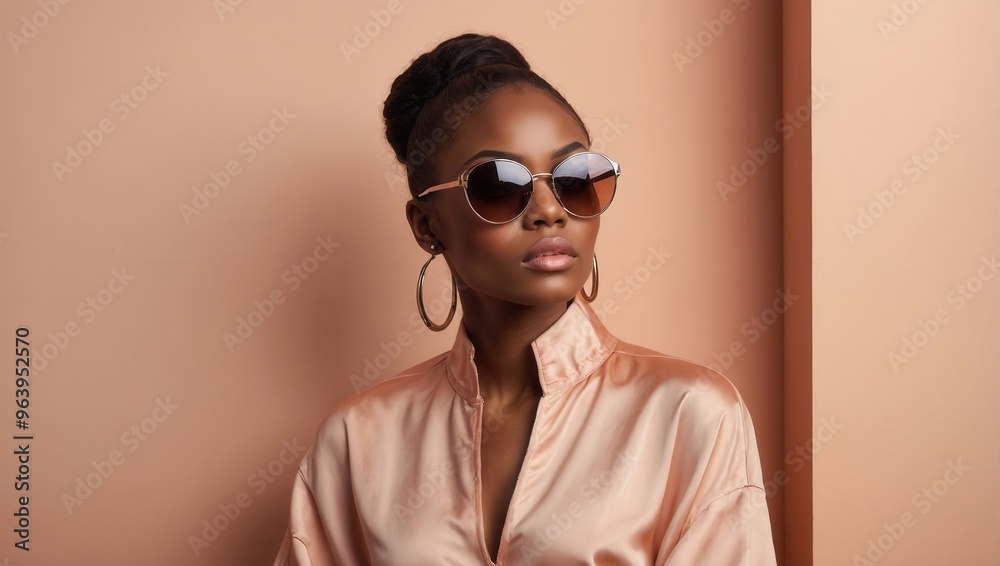 African American woman wearing beige sunglasses and a beige outfit African American woman wearing beige sunglasses and a beige outfit