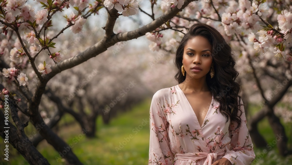 African American woman wearing a pink floral dress stands in a field of blossoming trees African American woman wearing a pink floral dress stands in a field of blossoming trees