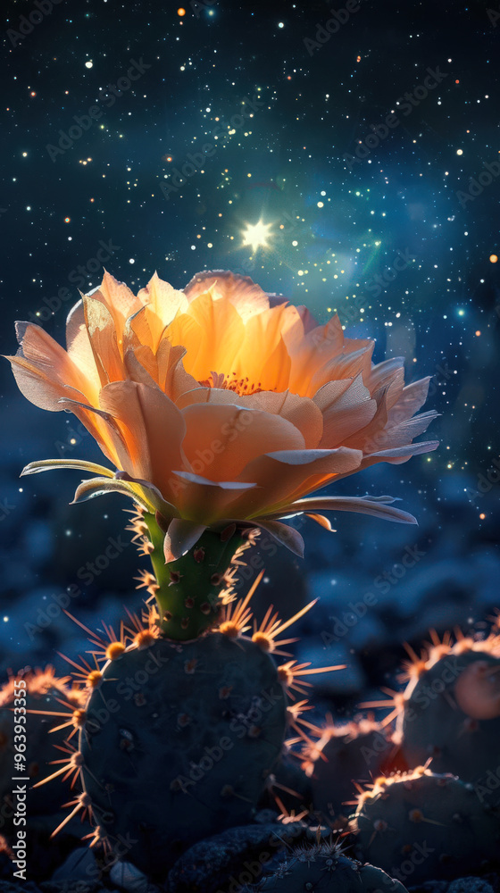 A beautiful flower in the desert at night, with a starry sky above. The ...