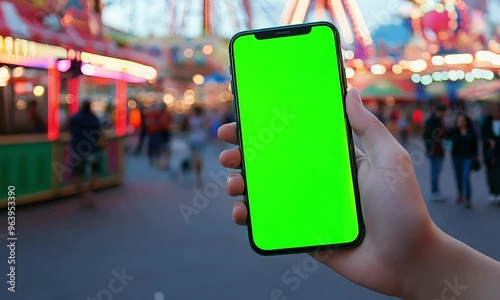 Wallpaper Mural Hand Holding Smartphone with Green Screen at Night Carnival - 4K Video Stock for Digital Mockups. Torontodigital.ca