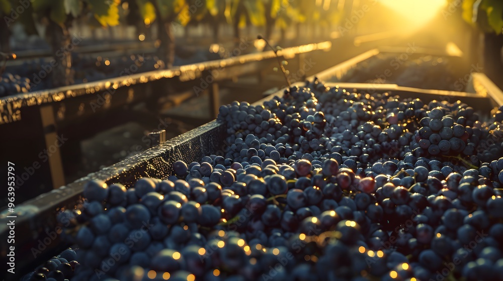 Fototapeta premium A hyper-realistic photograph of the wine production process, grape cultivation, winery, and wine fermentation, 8K resolution, shot on professional DSLR camera, shallow depth of field, tack-sharp