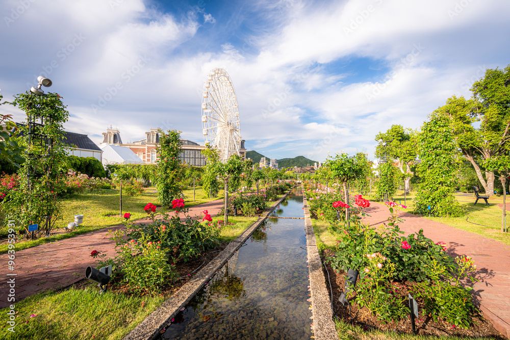 Beautiful flower garden and dutch theme architecture in Huis Ten Bosch Theme Park, Nagasaki, Japan.