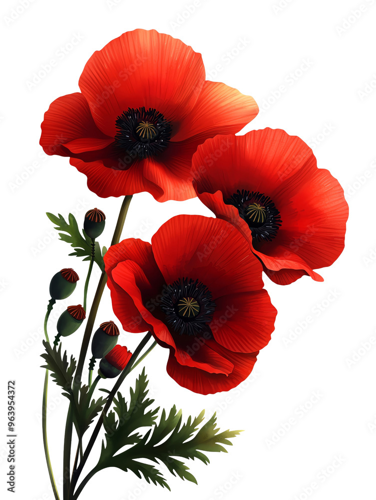 Obraz premium Vibrant red poppy flowers with lush green leaves, perfect for botanical illustrations and floral designs.