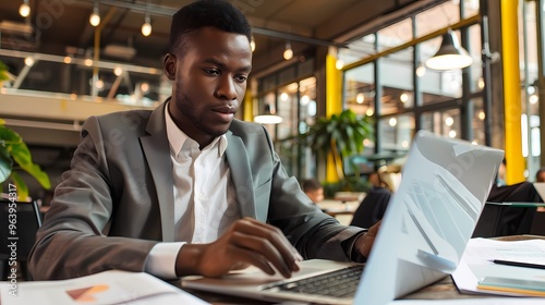 Man in a black suit working on a laptop in a library, focused and professional.