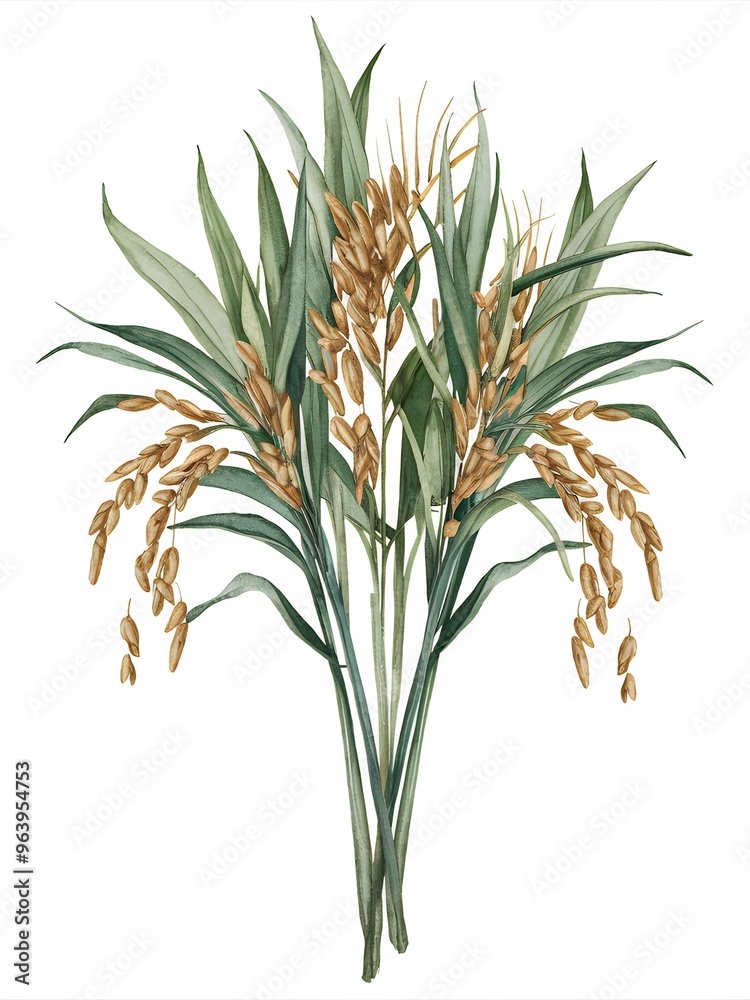 Fototapeta premium Close-up of a watercolor painting of a bouquet of rice stalks.
