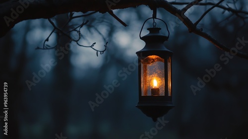 A single lantern hangs from a bare tree branch, casting a warm glow against the dark, misty forest background.