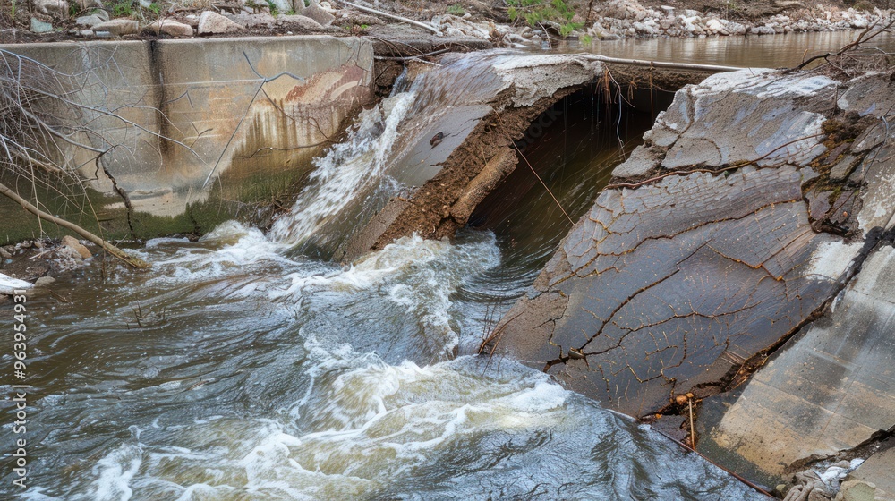 Naklejka premium Collapsed Concrete Dam and Rushing Water