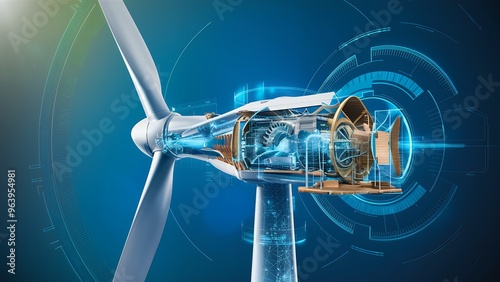 A close-up view of a wind turbine with its inner workings exposed in a digital illustration. photo