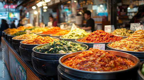 A bustling Korean market scene featuring a vendor selling various types of Kimchi.