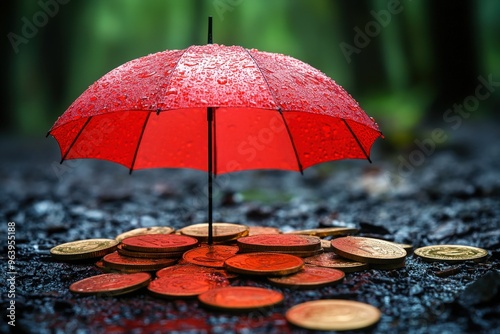 Wallpaper Mural Red Umbrella Protecting Coins in Rain: A red umbrella shelters a pile of gold coins on a rainy forest path, symbolizing financial security and protection against life's storms.   Torontodigital.ca