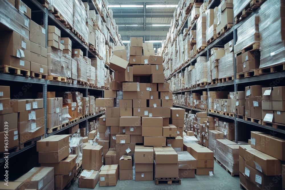 A warehouse full of boxes stacked on top of each other A warehouse full of boxes stacked on top of each other