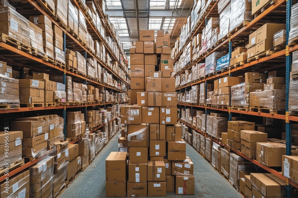 A warehouse full of boxes stacked on top of each other A warehouse full of boxes stacked on top of each other