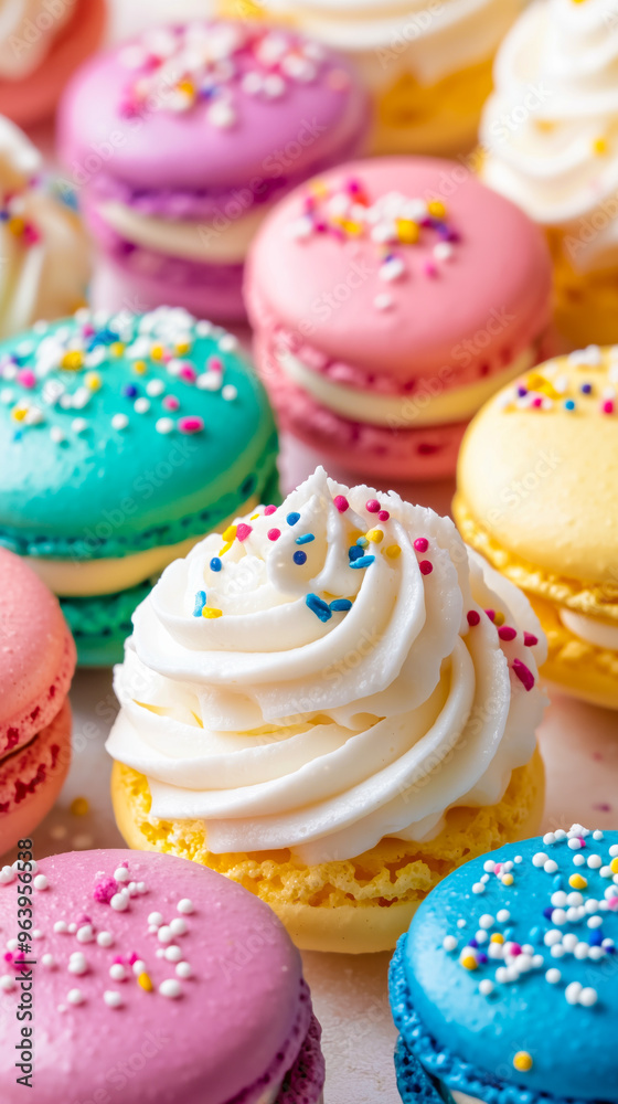 Macarons with whipped cream and sprinkles Macarons with whipped cream and sprinkles