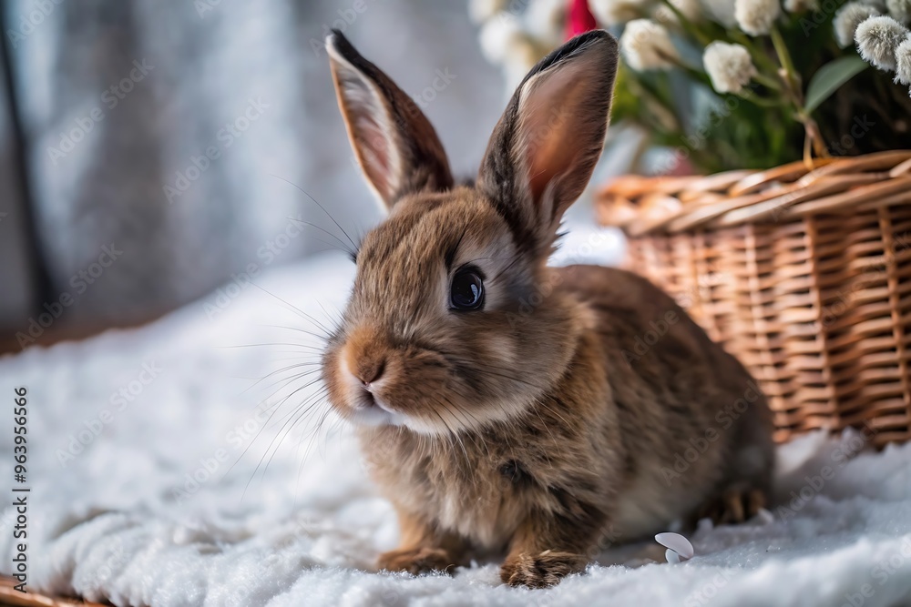 Cute Bunny Rabbit Sitting on Fluffy White Surface. Cute Bunny Rabbit Sitting on Fluffy White Surface.