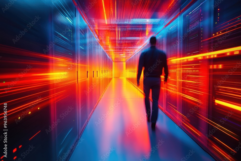 A man in a blue shirt and hard hat walks down a hallway of computer servers A man in a blue shirt and hard hat walks down a hallway of computer servers
