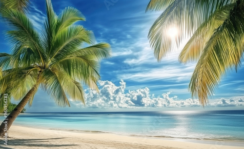 Tropical shore with palm trees and intense sunshine