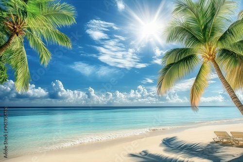 Palm trees on a tropical beach under the bright sun