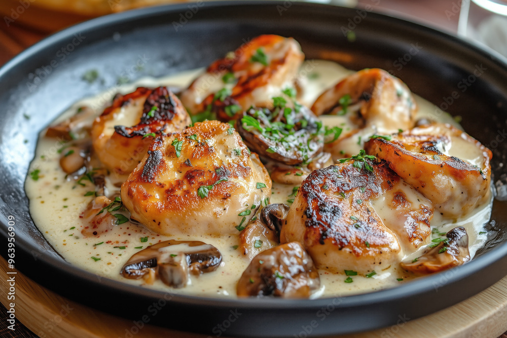 Grilled chicken with mushrooms and cream sauce in skillet Grilled chicken with mushrooms and cream sauce in skillet