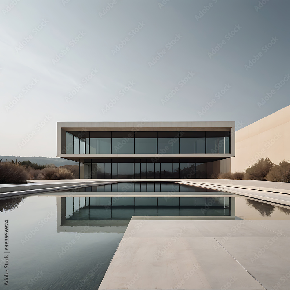 Fototapeta premium Modern minimalist house, glass around the house, building and architecture