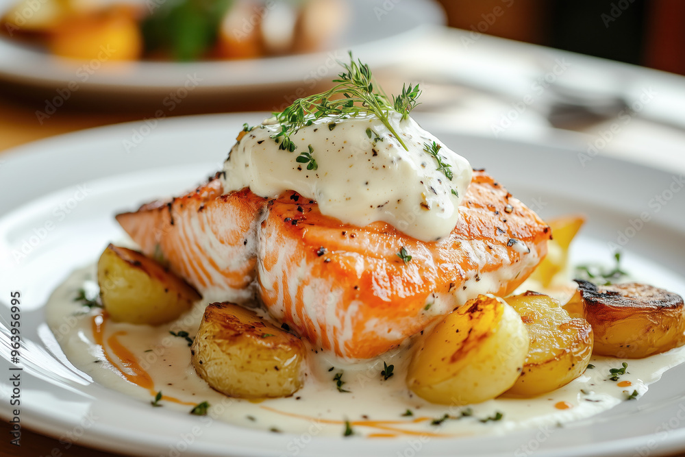 Grilled salmon paired with cream sauce and potatoes Grilled salmon paired with cream sauce and potatoes