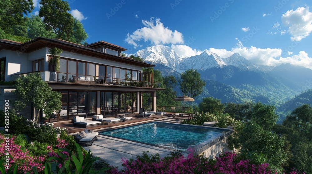 A luxury villa blueprint with a 3D model A luxury villa blueprint with a 3D model