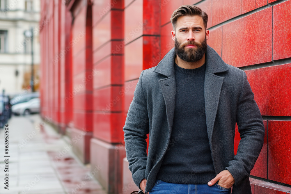 Stylish man in gray coat standing against a red wall Stylish man in gray coat standing against a red wall