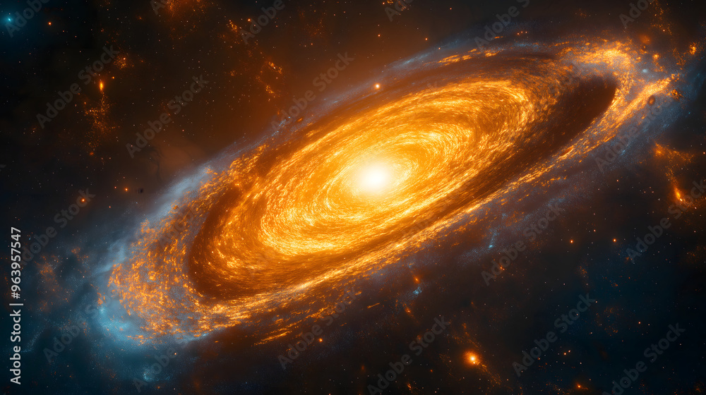 The galaxy is spinning in a spiral, the vast space is sparkling gold. The galaxy is spinning in a spiral, the vast space is sparkling gold.