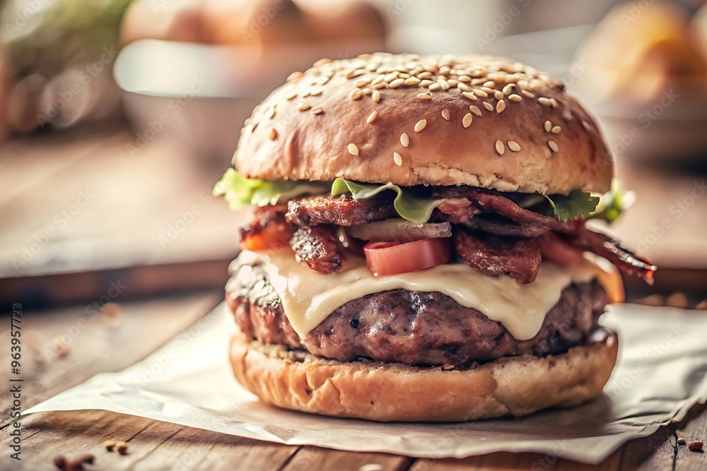 Delicious Cheeseburger with Bacon and Sesame Seed Bun. Delicious Cheeseburger with Bacon and Sesame Seed Bun.