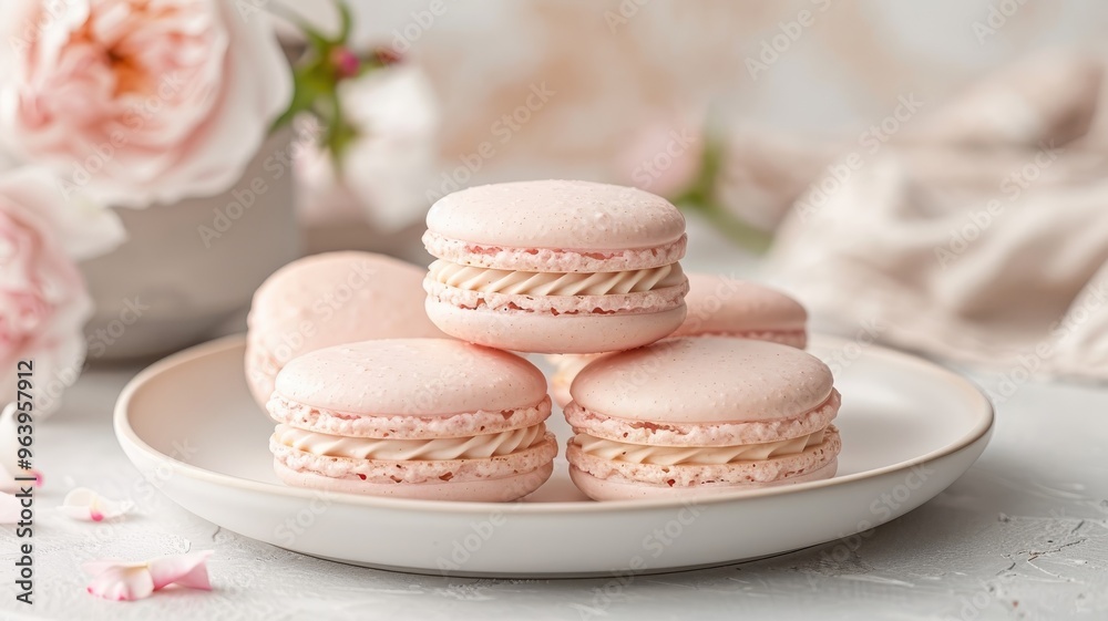 A plate of strawberry macarons with pastel pink shells and buttercream filling. A plate of strawberry macarons with pastel pink shells and buttercream filling.