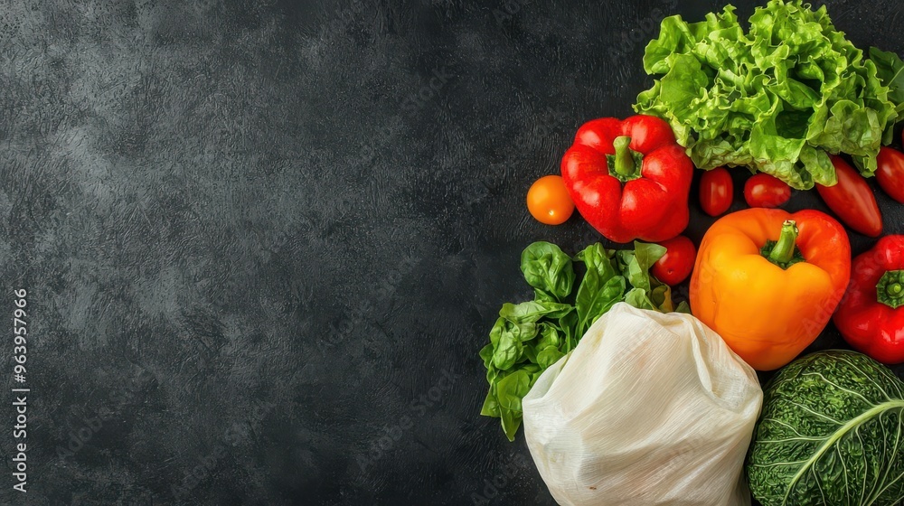 Fresh vegetables including peppers, lettuce, and tomatoes on a dark background, perfect for healthy recipes and cooking themes.