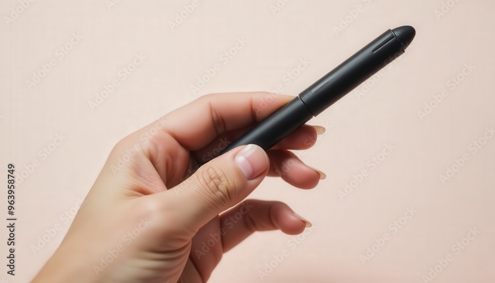 Hand Holding a Sleek Black Pen with a Cap Hand Holding a Sleek Black Pen with a Cap