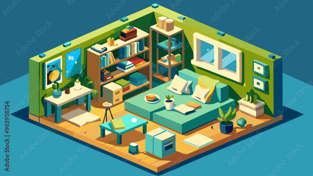 A stylized illustration of a snug and organized living space featuring a sofa, bookshelves, and small decor items. A stylized illustration of a snug and organized living space featuring a sofa, bookshelves, and small decor items.