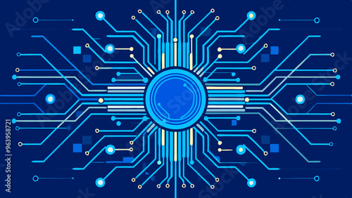 This image features a central glowing blue circle surrounded by intricate circuit designs on a dark background.