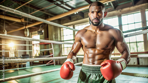 A boxer with a muscular figure in red gloves trains in the gym ring.

