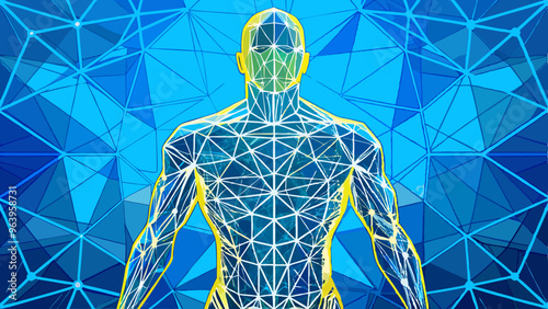 A vibrant illustration of a human figure overlaid with a network of crystalline blue and yellow lines on a blue geometric background.