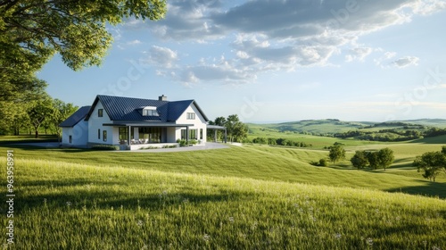 A modern farmhouse blueprint with a 3D model