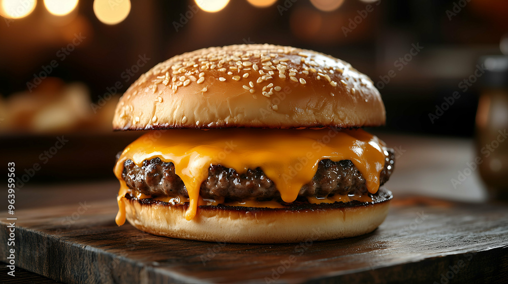 Classic Cheeseburger with Melted Cheddar and Juicy Beef Patty on Sesame Bun Classic Cheeseburger with Melted Cheddar and Juicy Beef Patty on Sesame Bun