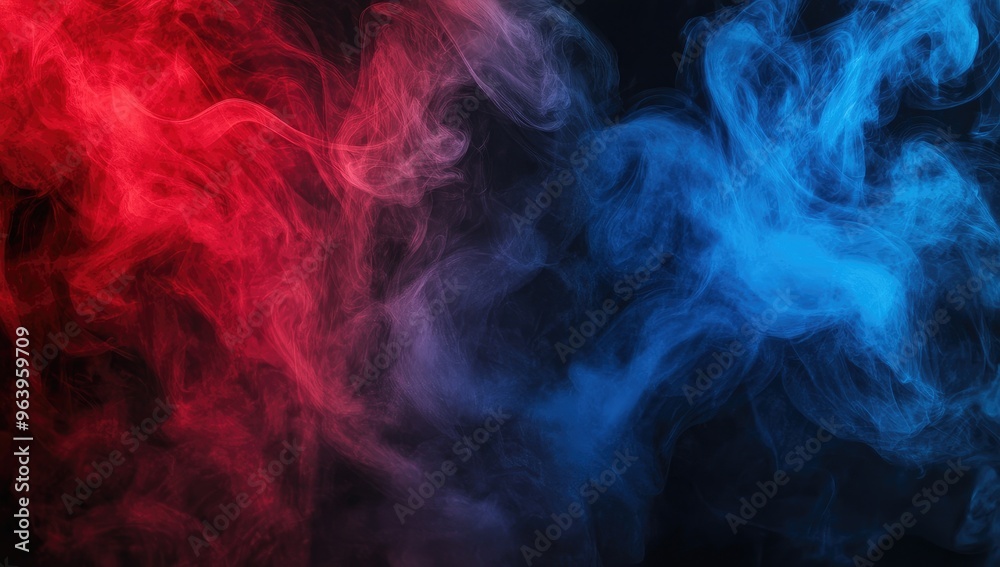 Red and blue colored smoke on a black abstract background, creating a dramatic and dark wallpaper with vibrant, swirling patterns Red and blue colored smoke on a black abstract background, creating a dramatic and dark wallpaper with vibrant, swirling patterns