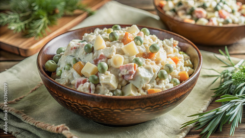 Close-up of a plate with traditional Soviet Olivier salad.