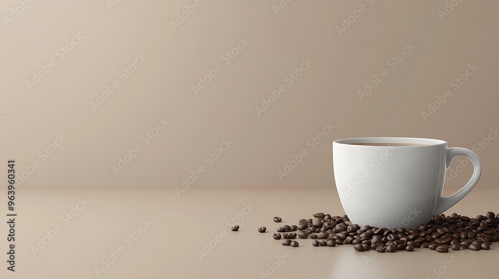 Coffee cup and beans, with copy space on creamy background. Coffee cup and beans, with copy space on creamy background.