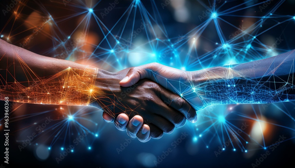 two hands shaking hands, but with a futuristic visual effect. The hands look like they are made of sparkling light particles, with striking blue and orange colors. The background shows a connected two hands shaking hands, but with a futuristic visual effect. The hands look like they are made of sparkling light particles, with striking blue and orange colors. The background shows a connected