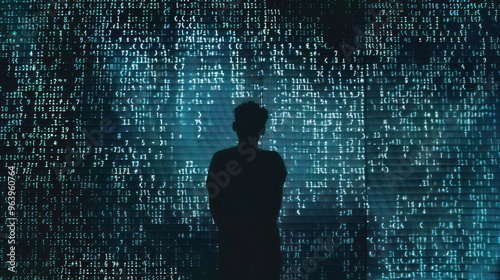 Silhouette of a Person Standing Before a Wall of Code